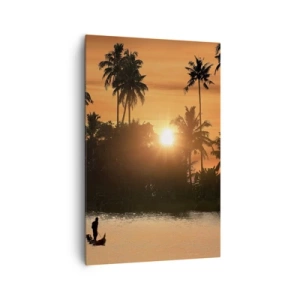 Impression sur toile - Image sur toile - Coucher de soleil sur les palmiers et un lac calme avec un bateau - 80x120cm - Il est temps de se détendre - Décoration murale moderne pour le salon et la chambre ARTTOR