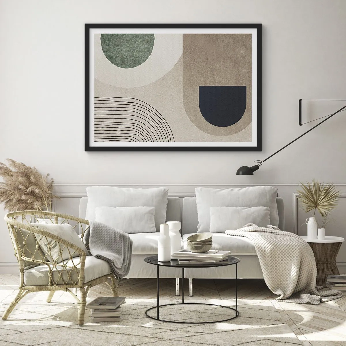 Affiche dans un cadre noir - Poster - Formes géométriques dans les tons beige et vert - 100x70cm - La douceur de l'ovale - Décoration murale moderne pour le salon et la chambre ARTTOR