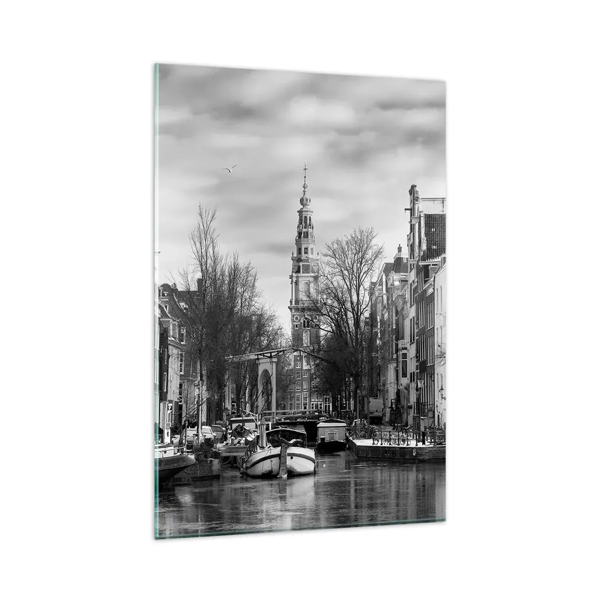 Impression sur verre - Image sur verre - Panorama noir et blanc d'Amsterdam avec canal et bâtiments historiques - 80x120cm - Climat d'Amsterdam - Décoration murale moderne pour le salon et la chambre ARTTOR
