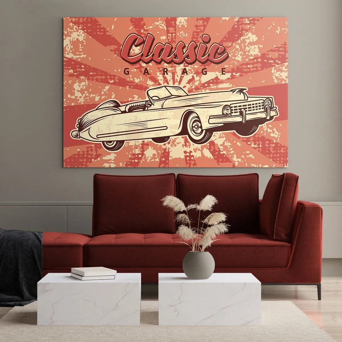 Impression sur verre - Image sur verre - Graphique rétro d'une voiture classique sur fond de rayons - 70x50cm - Et à la radio, Elvis - Décoration murale moderne pour le salon et la chambre ARTTOR