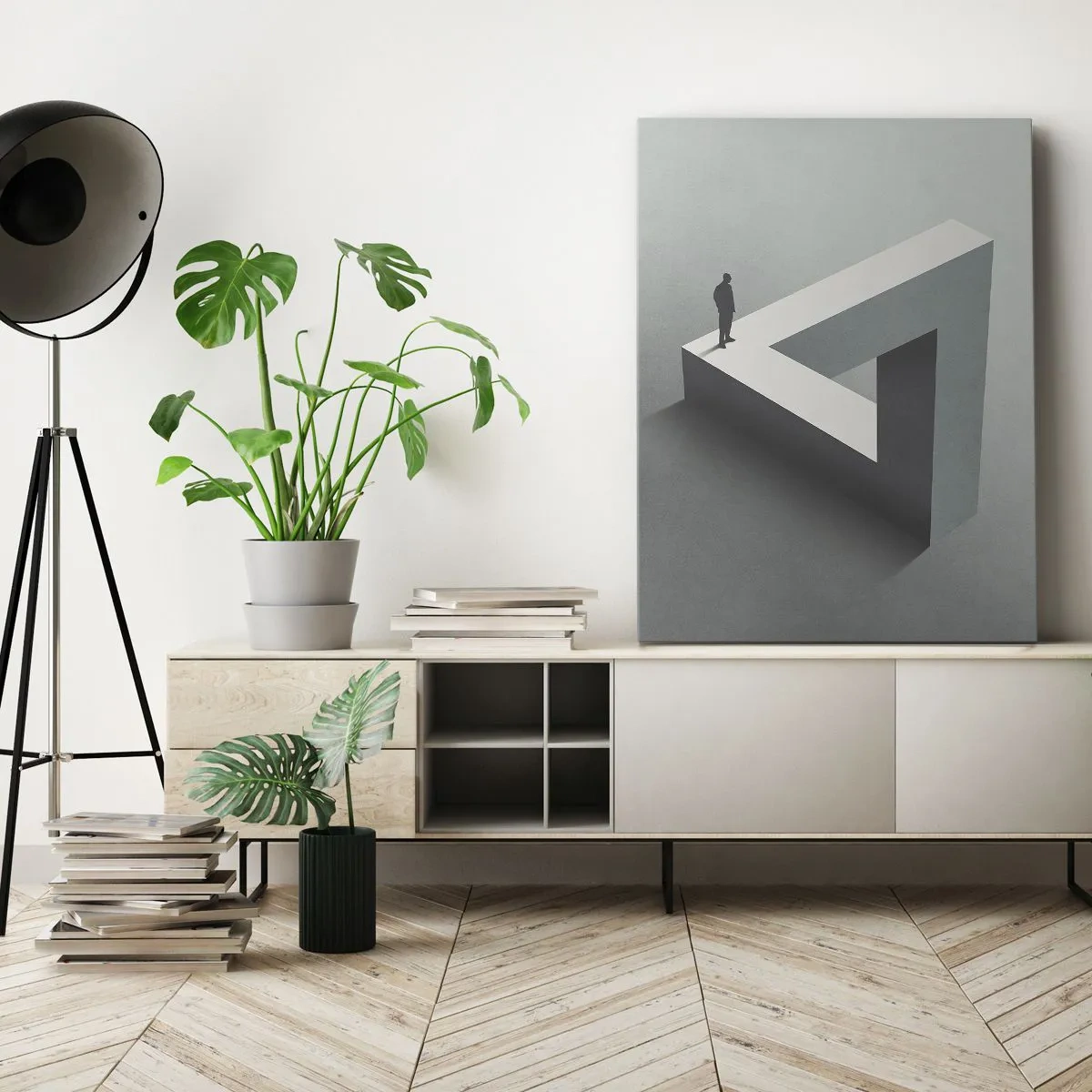 Impression sur toile - Image sur toile - Une figure debout sur un triangle de Penrose dans des tons de gris. - 50x70cm - Mais c'est possible - Décoration murale moderne pour le salon et la chambre ARTTOR