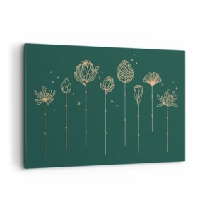 Impression sur toile - Image sur toile - Dessins dorés d'herbes sur fond vert foncé - 120x80cm - La famille Plante - Décoration murale moderne pour le salon et la chambre ARTTOR