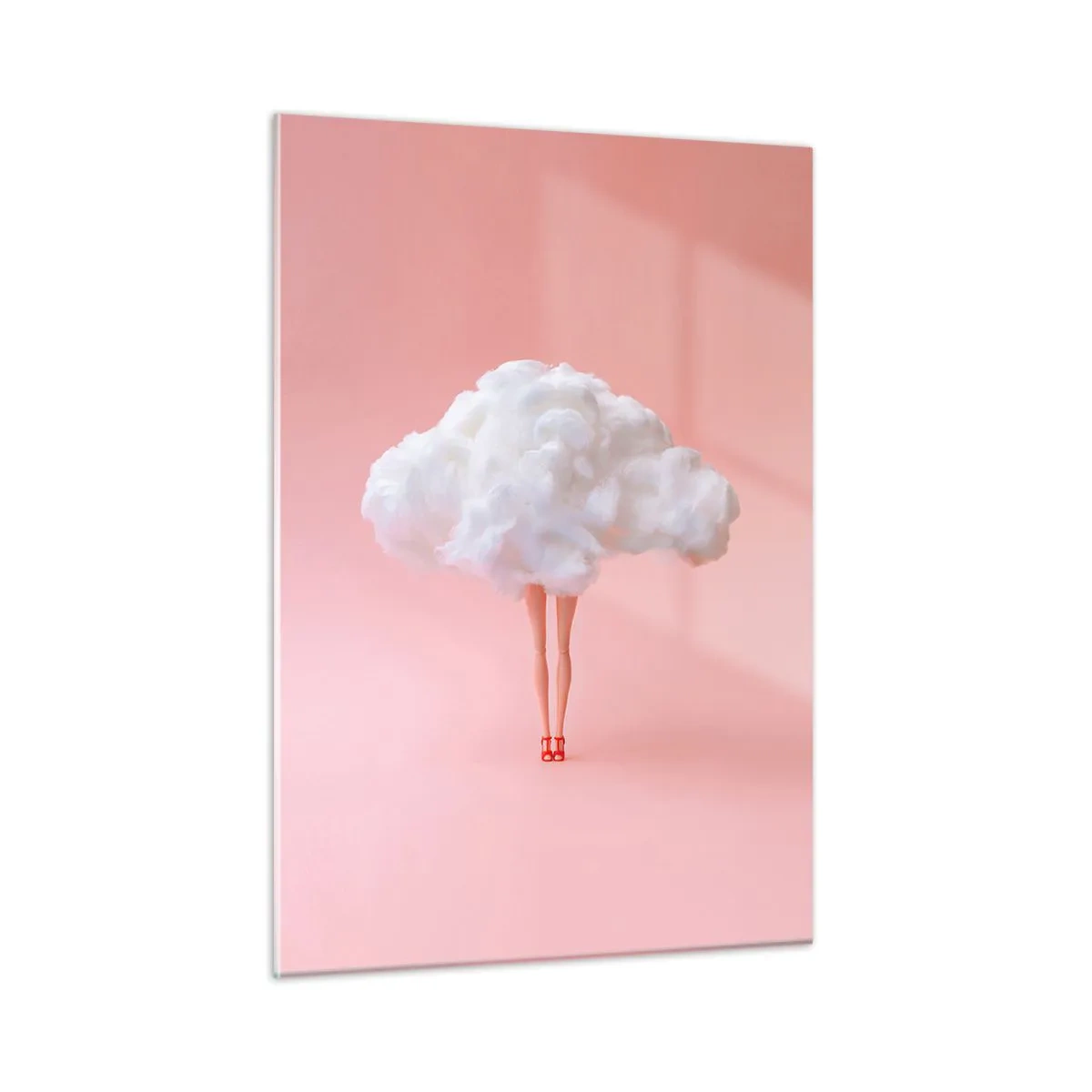 Impression sur verre - Image sur verre - Une silhouette de femme avec un nuage au lieu d'une robe sur un fond rose pastel. - 50x70cm - Douce promesse - Décoration murale moderne pour le salon et la chambre ARTTOR