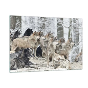 Impression sur verre - Image sur verre - Une meute de loups dans la forêt d'hiver - 120x80cm - Famille et amis - Décoration murale moderne pour le salon et la chambre ARTTOR