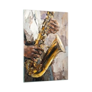 Impression sur verre - Image sur verre - Un musicien jouant du saxophone dans un style artistique - 80x120cm - C'est l'heure du solo - Décoration murale moderne pour le salon et la chambre ARTTOR