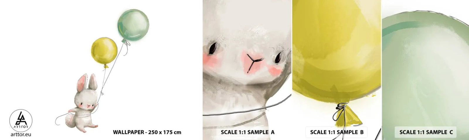 Échantillon de Papier Peint Autocollant Deluxe Sticker - Moi aussi je vole! - Pour les enfants, Lapin, Ballons colorés - 100x30 cm
