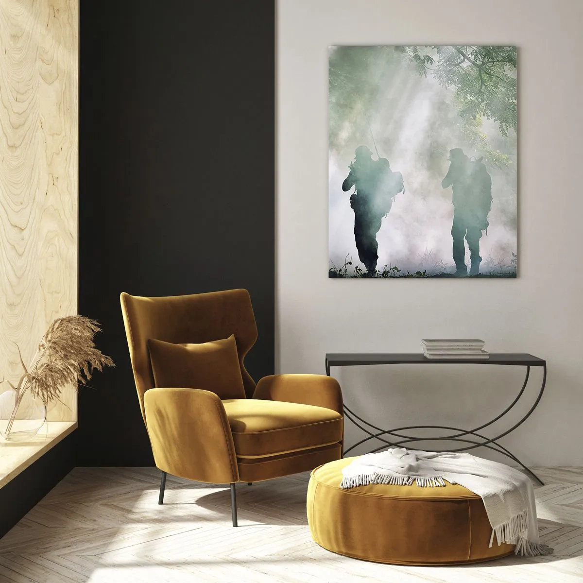 Impression sur verre - Image sur verre - Un groupe de soldats en fumée, marchant dans la forêt, en état d'alerte maximale - 50x70cm - Un pour tous… - Décoration murale moderne pour le salon et la chambre ARTTOR