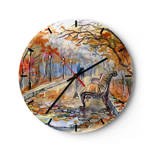 Horloge murale - Pendule murale - Parc d'automne avec un banc de style aquarelle - 30x30cm - Errer ensemble à l'automne - Décoration murale moderne pour le salon, la cuisine et la chambre ARTTOR
