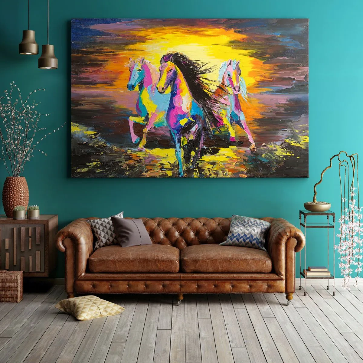 Impression sur toile - Image sur toile - Chevaux colorés galopant sur fond de soleil couchant - 70x50cm - Immergé dans l'arc-en-ciel - Décoration murale moderne pour le salon et la chambre ARTTOR