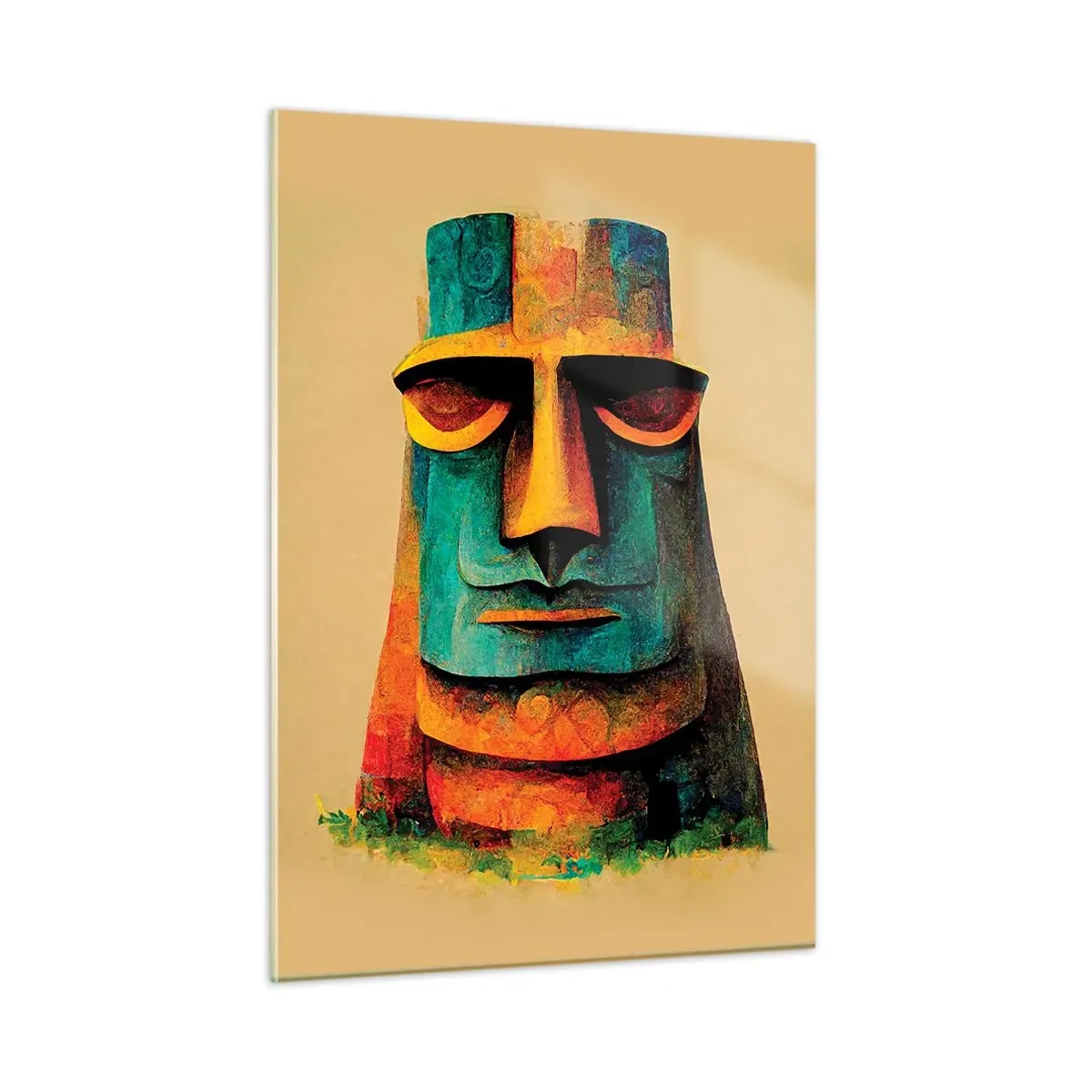 Impression sur verre - Image sur verre - Un portrait coloré inspiré d'une statue de pierre sur fond beige. - 50x70cm - Statuesque et sympathique - Décoration murale moderne pour le salon et la chambre ARTTOR