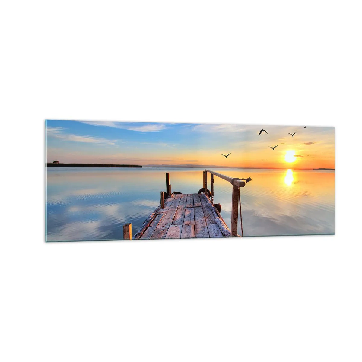 Impression sur verre - Image sur verre - Jetée en bois au coucher du soleil sur un lac calme - 140x50cm - Marcher droit vers le soleil - Décoration murale moderne pour le salon et la chambre ARTTOR