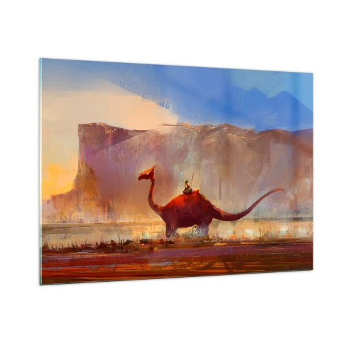 Impression sur verre - Image sur verre - Un paysage fantastique avec un cavalier sur une créature préhistorique - 100x70cm - S'ils n'avaient pas disparu - Décoration murale moderne pour le salon et la chambre ARTTOR
