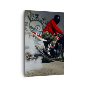 Impression sur toile - Image sur toile - Un motard effectue un drift spectaculaire dans un bâtiment abandonné couvert de graffitis. - 80x120cm - Pourchassez moi! - Décoration murale moderne pour le salon et la chambre ARTTOR