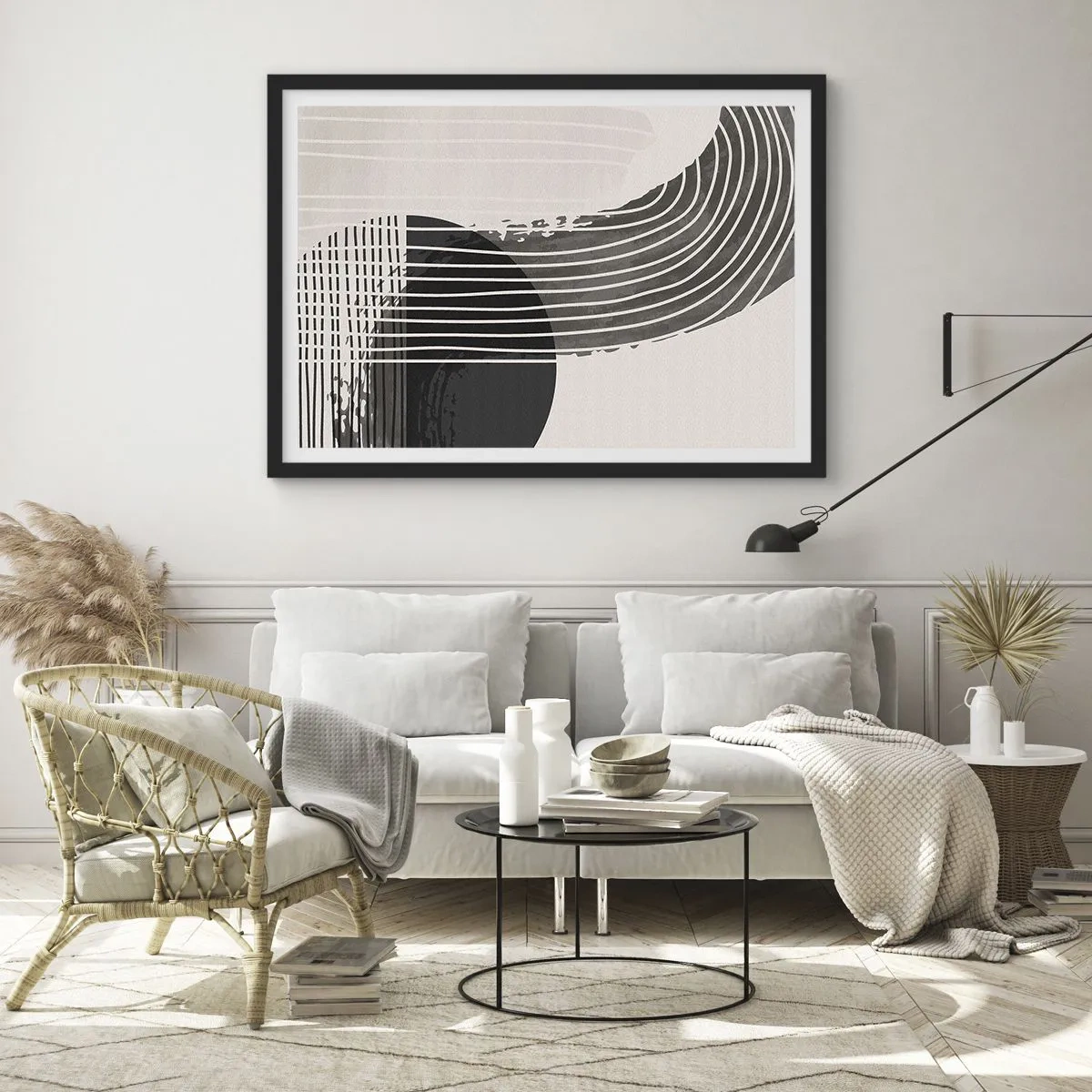 Affiche dans un cadre noir - Poster - Motif abstrait avec des lignes et des formes géométriques - 100x70cm - Aller et retour - Décoration murale moderne pour le salon et la chambre ARTTOR