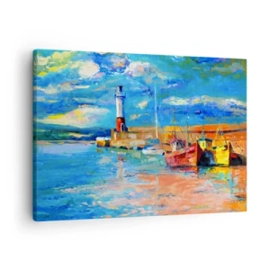 Impression sur toile - Image sur toile - Port de pêche avec bateaux et phare aux couleurs vives - 70x50cm - Un après-midi dans la baie arc-en-ciel - Décoration murale moderne pour le salon et la chambre ARTTOR