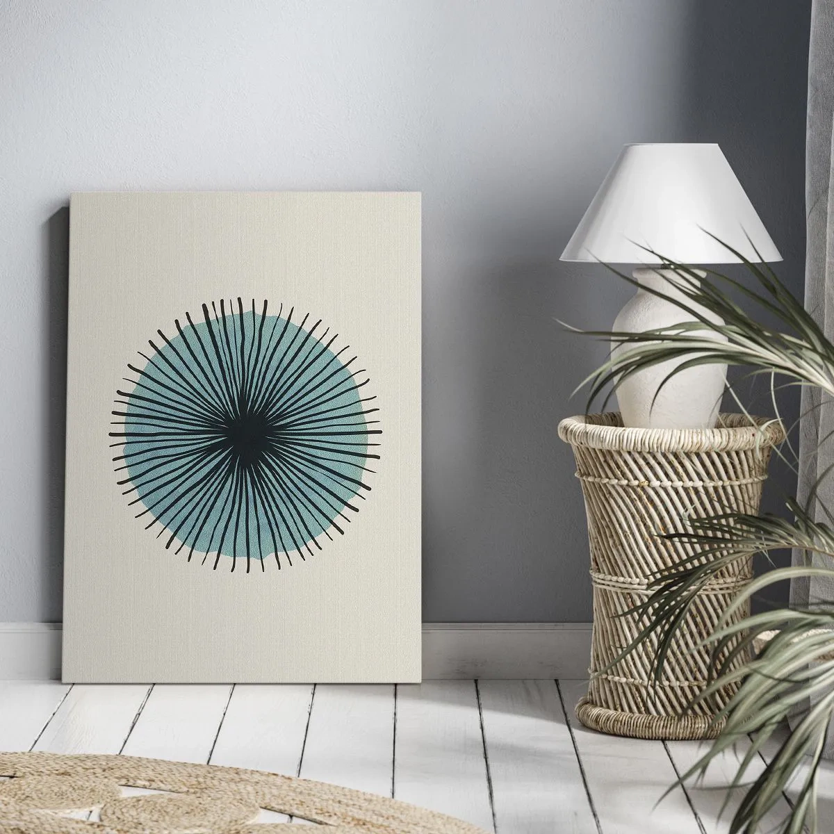 Impression sur toile - Image sur toile - Forme circulaire abstraite avec des rayons bleus - 80x120cm - Rayonnant dans l'azur - Décoration murale moderne pour le salon et la chambre ARTTOR