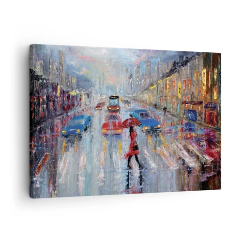 Impression sur toile - Image sur toile - Une femme avec un parapluie dans une rue pluvieuse à la lumière du néon. - 70x50cm - Après-midi pluvieux en ville - Décoration murale moderne pour le salon et la chambre ARTTOR