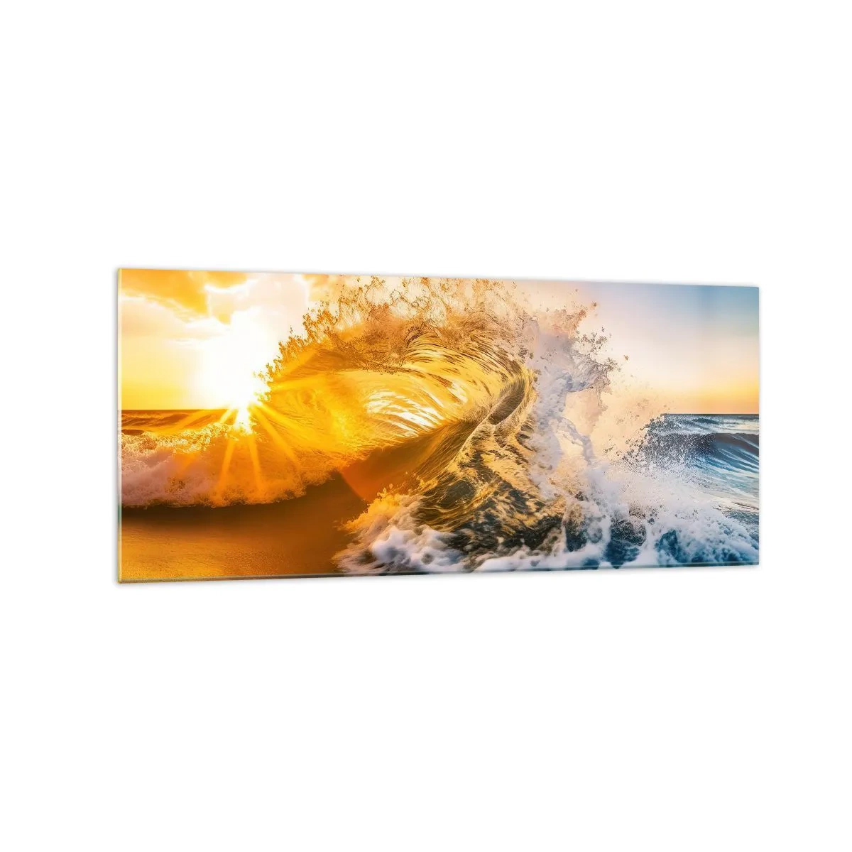 Impression sur verre - Image sur verre - Une vague dorée sur fond de soleil couchant - 120x50cm - S'amuser dans le sable - Décoration murale moderne pour le salon et la chambre ARTTOR
