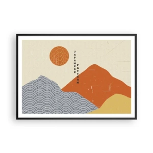 Affiche dans un cadre noir - Poster - Motifs japonais avec montagnes, soleil et style minimaliste - 100x70cm - Dans l'esprit japonais - Décoration murale moderne pour le salon et la chambre ARTTOR