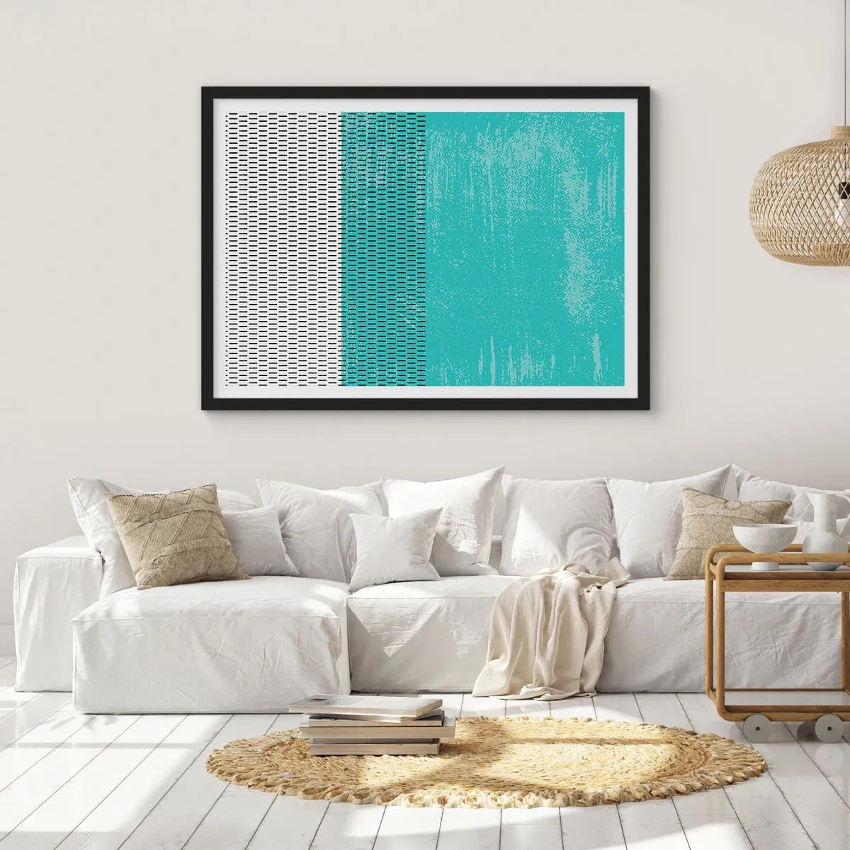 Affiche dans un cadre noir - Poster - Composition géométrique avec turquoise et lignes - 70x50cm - Composition équilibrée - Décoration murale moderne pour le salon et la chambre ARTTOR