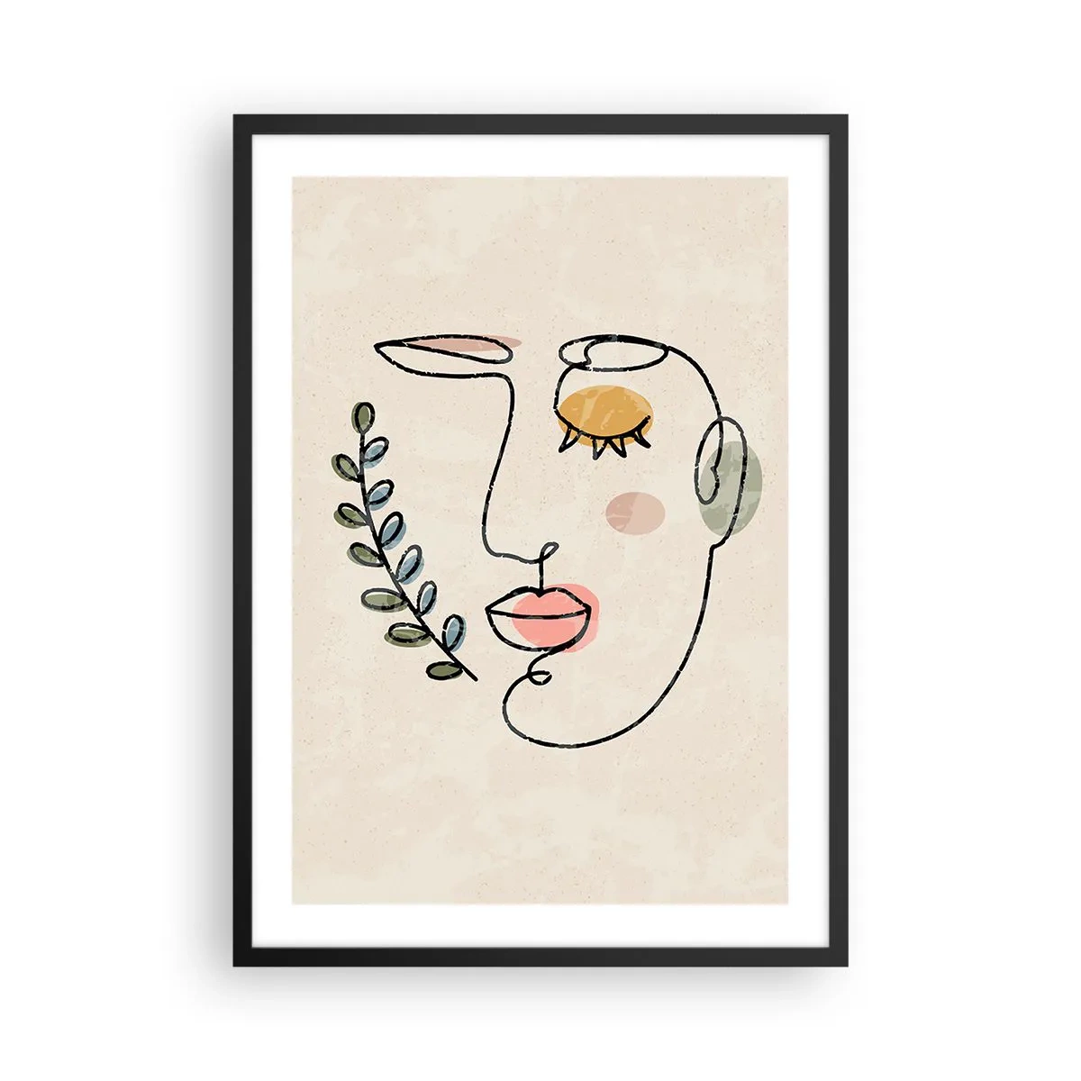 Affiche dans un cadre noir - Poster - Portrait au trait minimaliste d'une femme sur fond beige - 50x70cm - Paix retrouvée - Décoration murale moderne pour le salon et la chambre ARTTOR