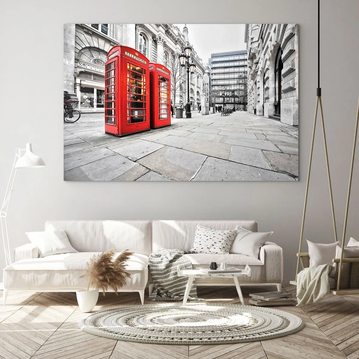 Impression sur verre - Image sur verre - Cabines téléphoniques rouges sur fond de rue - 100x70cm - Welcome to London - Décoration murale moderne pour le salon et la chambre ARTTOR