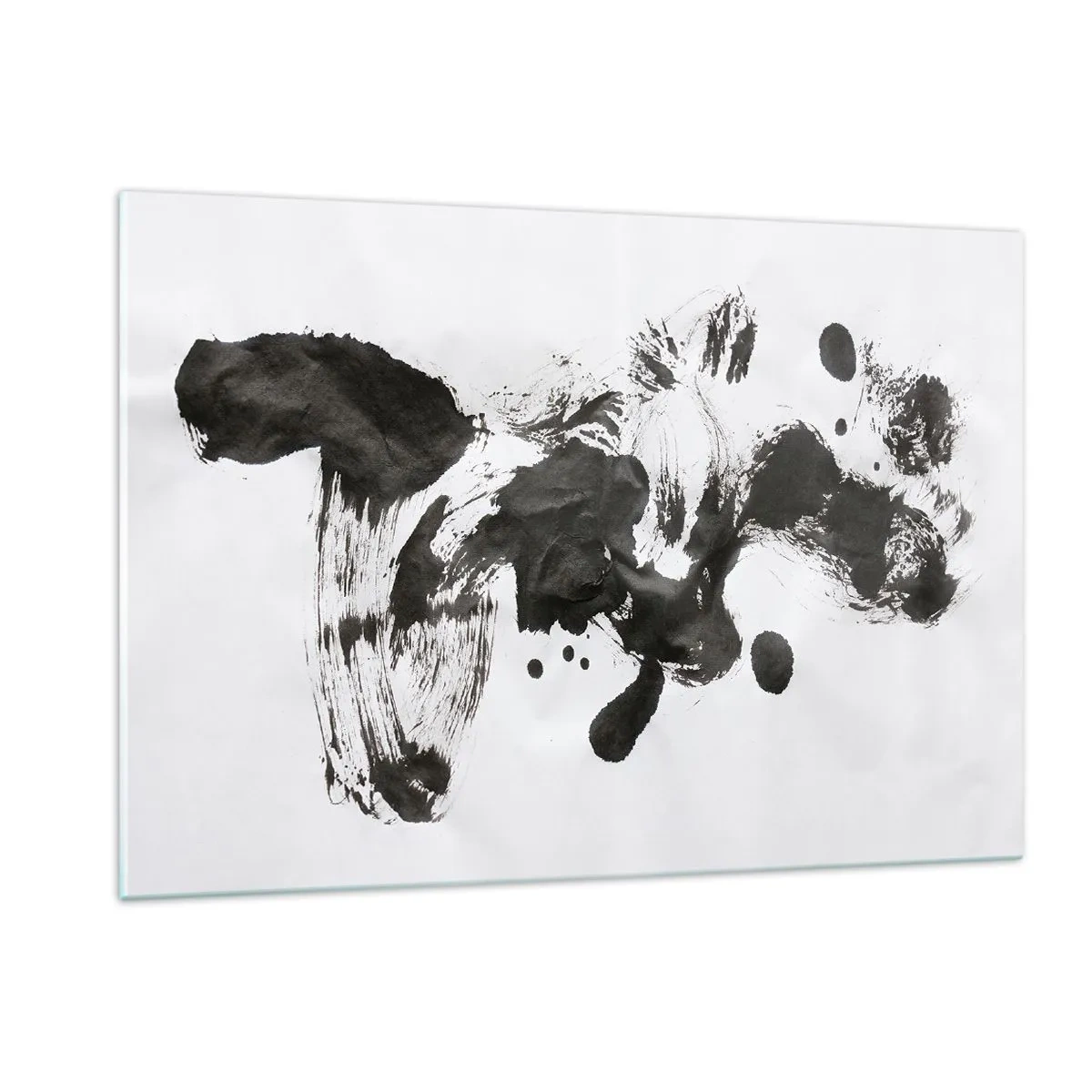 Impression sur verre - Image sur verre - Tache noire abstraite et coups de pinceau sur fond blanc - 120x80cm - De la méthode dans la folie ? - Décoration murale moderne pour le salon et la chambre ARTTOR