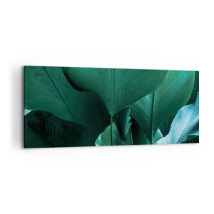 Impression sur toile - Image sur toile - Feuilles vertes dans une composition minimaliste - 120x50cm - Tourné vers la lumière - Décoration murale moderne pour le salon et la chambre ARTTOR