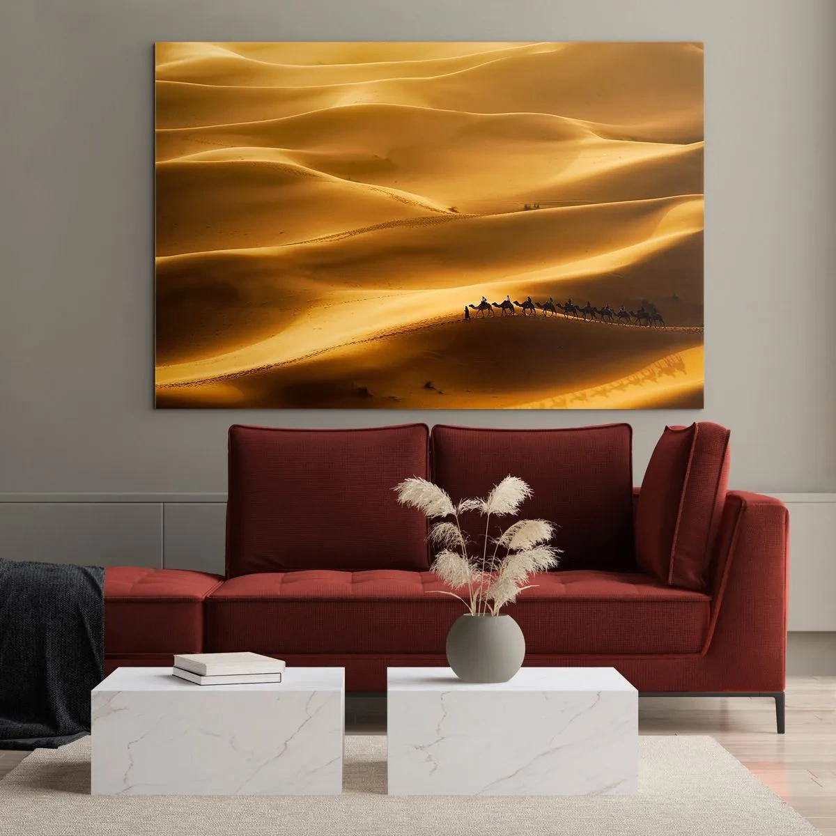 Impression sur verre - Image sur verre - Une caravane dans le désert au soleil - 120x80cm - Caravane sur les vagues du désert - Décoration murale moderne pour le salon et la chambre ARTTOR