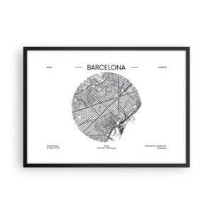 Affiche dans un cadre noir - Poster - Une carte de Barcelone dans un style minimaliste en noir et blanc - 70x50cm - Anatomie de Barcelone - Décoration murale moderne pour le salon et la chambre ARTTOR