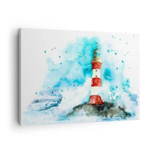 Impression sur toile - Image sur toile - Un phare dans un décor aquarelle sur fond bleu - 70x50cm - Unité des éléments - Décoration murale moderne pour le salon et la chambre ARTTOR