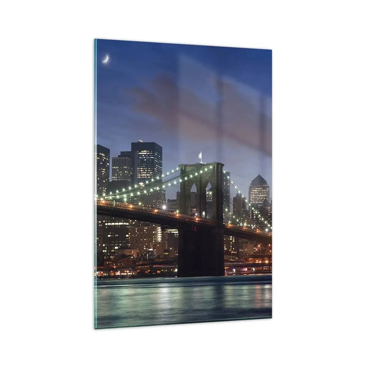 Impression sur verre - Image sur verre - Pont de New York la nuit avec bâtiments illuminés - 80x120cm - Nuit rougeoyante - Décoration murale moderne pour le salon et la chambre ARTTOR