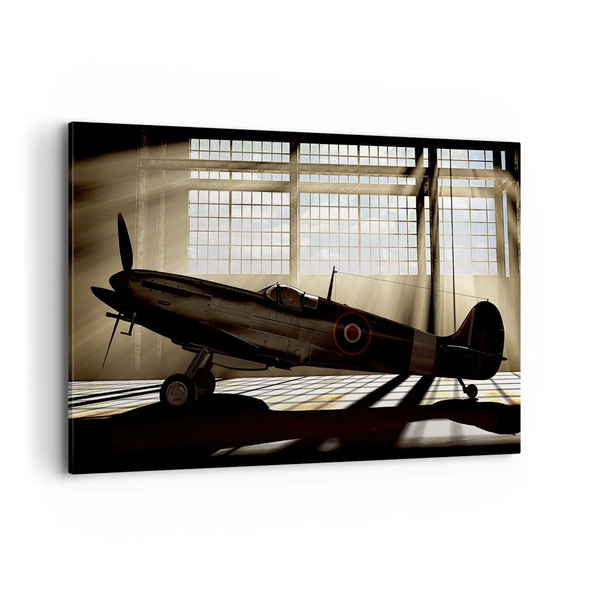Impression sur toile - Image sur toile - Un avion historique dans un hangar éclairé par la lumière du soleil - 120x80cm - Le repos du guerrier - Décoration murale moderne pour le salon et la chambre ARTTOR