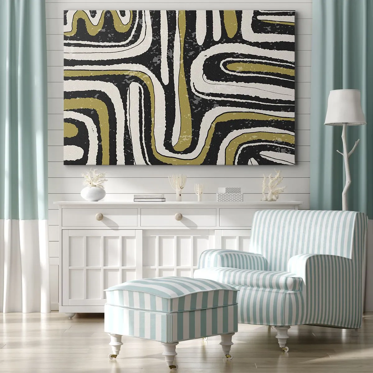 Impression sur toile - Image sur toile - Motif abstrait en noir, blanc et or - 120x80cm - Composition : routes et ruelles - Décoration murale moderne pour le salon et la chambre ARTTOR