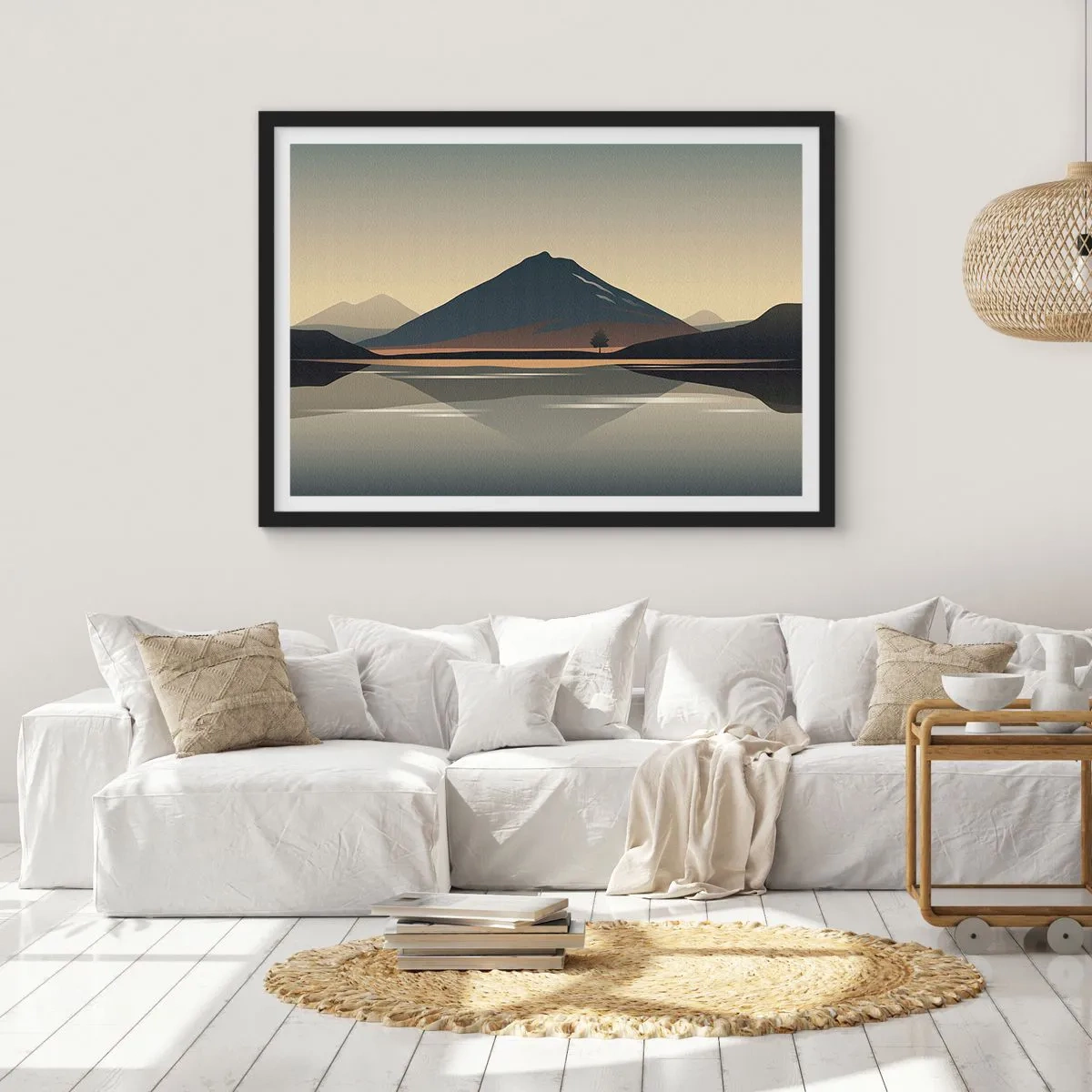Affiche dans un cadre noir - Poster - Paysage de montagne minimaliste avec reflet dans l'eau - 100x70cm - Reflet de miroir - Décoration murale moderne pour le salon et la chambre ARTTOR