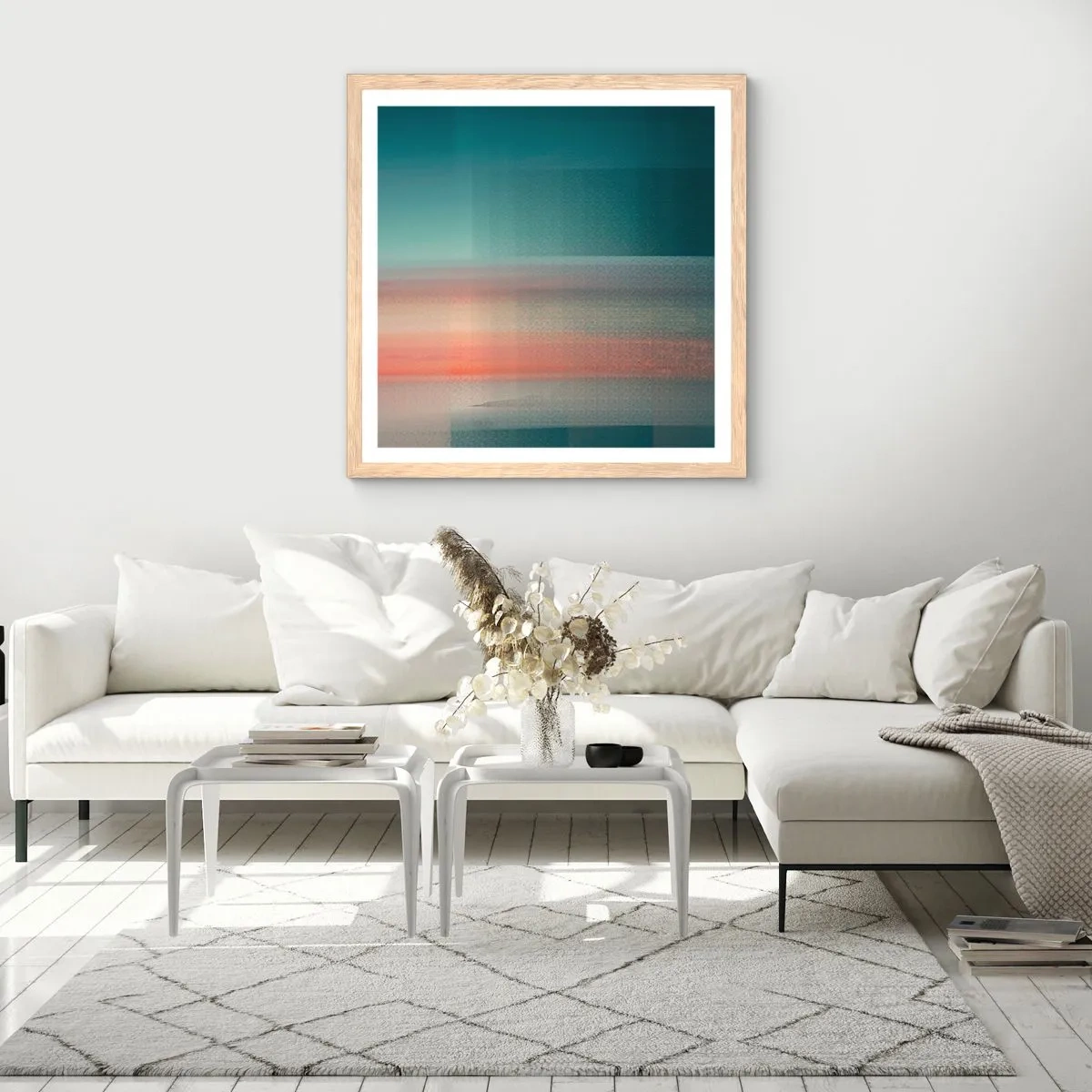 Affiche dans un chêne clair - Poster - Résumé : vagues de lumière - 50x50 cm