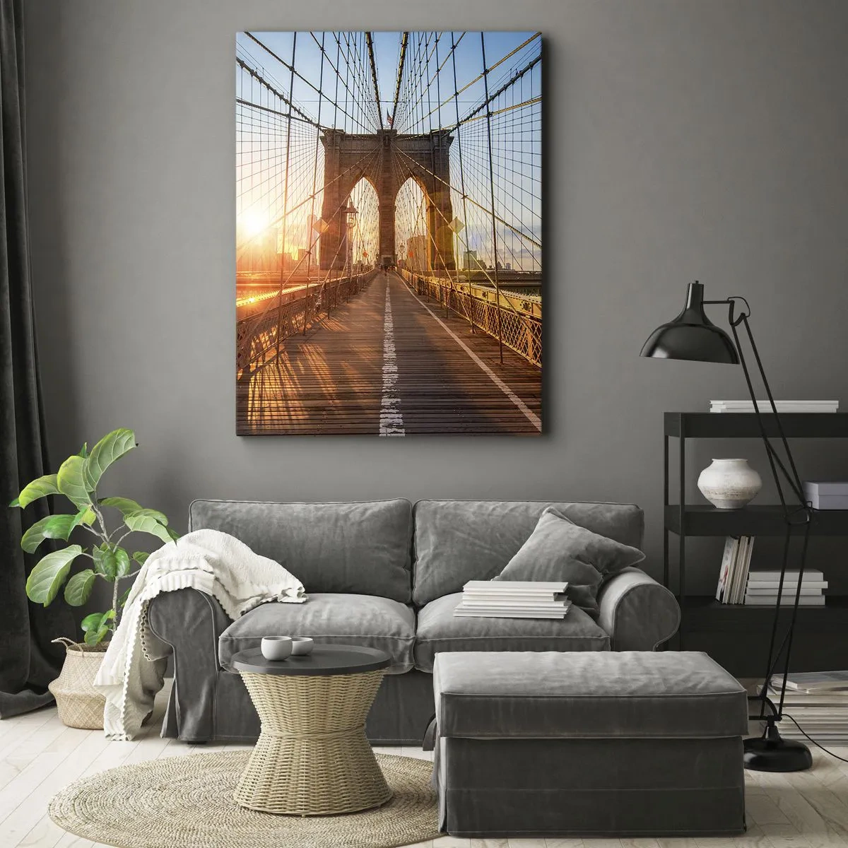 Impression sur toile - Image sur toile - Le pont à la lumière du soleil couchant avec vue sur la ville - 80x120cm - Sur le pont d'or - Décoration murale moderne pour le salon et la chambre ARTTOR