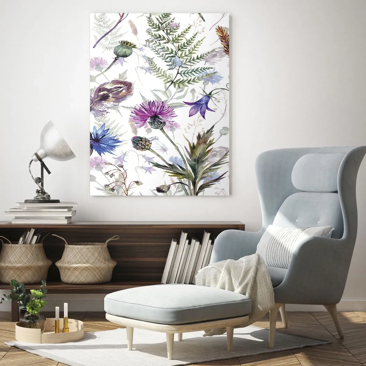 Impression sur verre - Image sur verre - Dessins de fleurs sauvages et de feuilles sur fond clair - 50x70cm - Herbier polonais - Décoration murale moderne pour le salon et la chambre ARTTOR