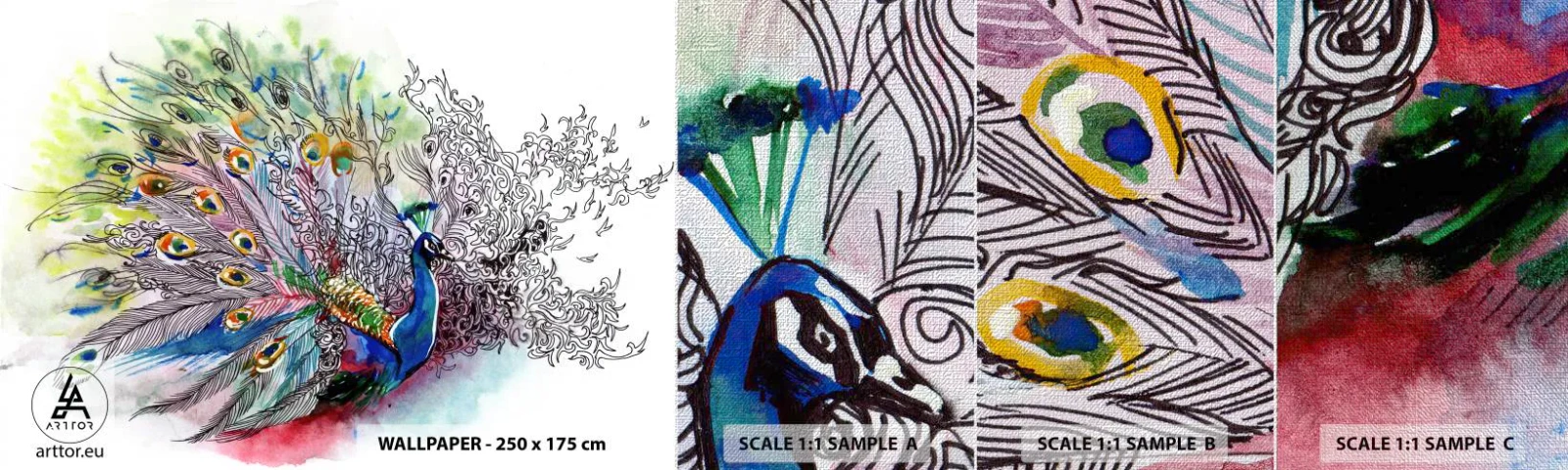 Échantillon de Papier Peint Premium Canvas - Avec fierté contre la grisaille - Oiseau, Paon, Plumes - 100x30 cm