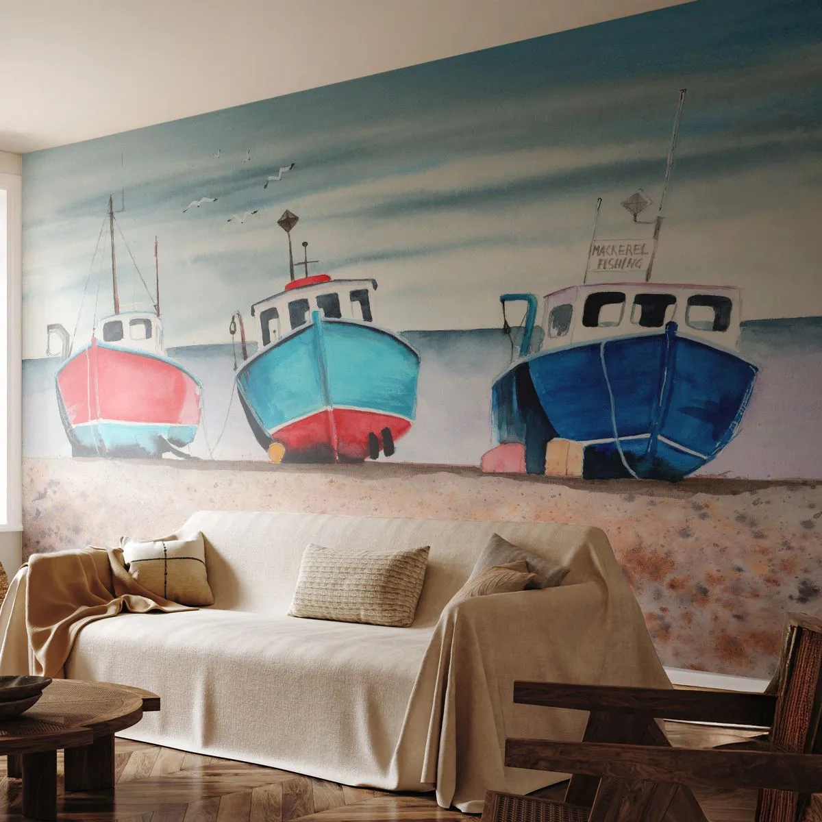 Papier Peint Photo Premium Sand - Prêt pour la pêche - Nautique, Bord de mer, Coupeurs de pêche - 400x280 cm