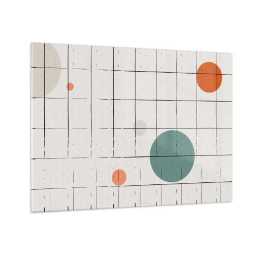 Impression sur verre - Image sur verre - Cercles colorés sur une grille géométrique de lignes fines - 70x50cm - Piégé. Nous ou eux ? - Décoration murale moderne pour le salon et la chambre ARTTOR