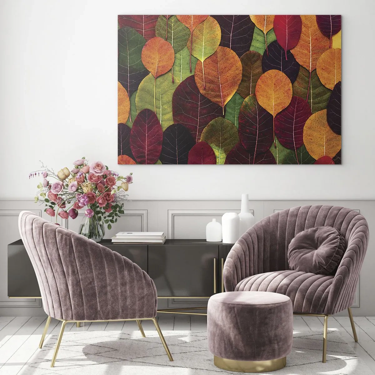 Impression sur verre - Image sur verre - Feuilles d'automne colorées dans un arrangement artistique - 100x70cm - Mozaique printannière - Décoration murale moderne pour le salon et la chambre ARTTOR