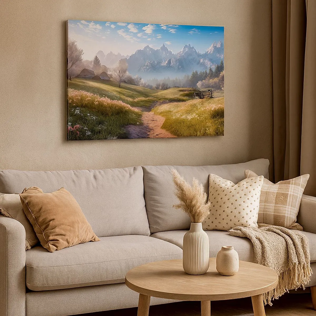 Impression sur toile - Image sur toile - Une vallée de montagne avec des prairies, des cabanes et une vue sur les sommets - 70x50cm - Vallée idyllique - Décoration murale moderne pour le salon et la chambre ARTTOR