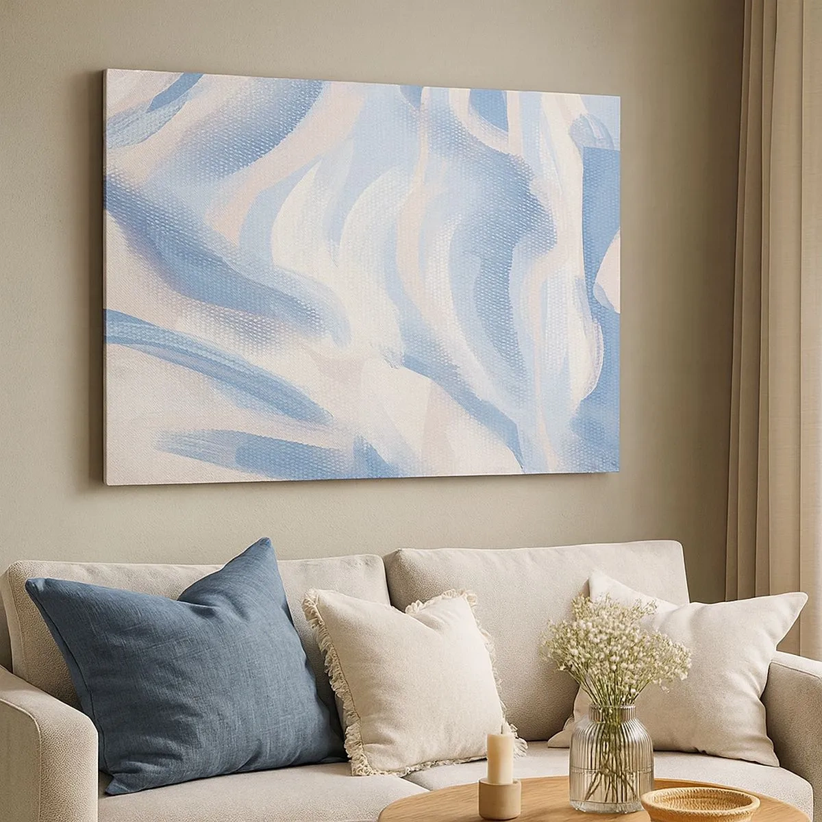 Impression sur toile - Image sur toile - Coups de pinceau abstraits dans des tons de bleu et de beige - 70x50cm - Vagues bleues - Décoration murale moderne pour le salon et la chambre ARTTOR