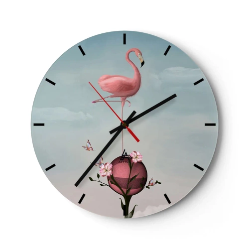 Horloge murale - Pendule murale - Un flamant rose debout sur une boule décorée de fleurs. - 30x30cm - Allégorie du basket-ball - Décoration murale moderne pour le salon, la cuisine et la chambre ARTTOR