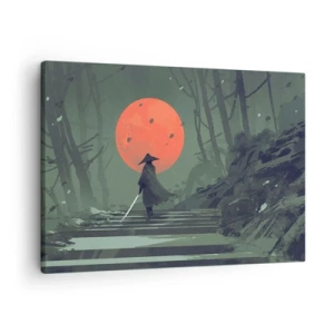 Impression sur toile - Image sur toile - Un guerrier solitaire avec une épée sur fond de lune rouge dans une forêt sombre. - 70x50cm - Guerrier de la lune rouge - Décoration murale moderne pour le salon et la chambre ARTTOR