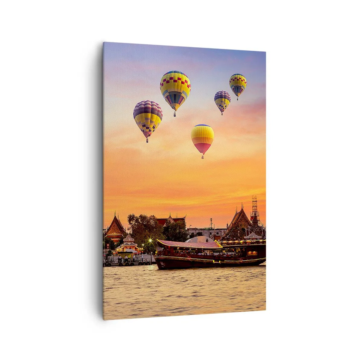 Impression sur toile - Image sur toile - Un temple et des ballons sur fond de soleil couchant sur la rivière - 80x120cm - C'est ici que naissent les contes de fées - Décoration murale moderne pour le salon et la chambre ARTTOR