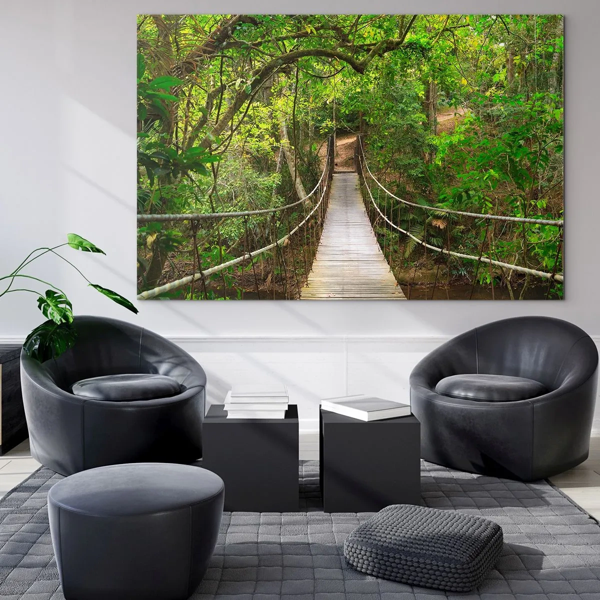 Impression sur verre - Image sur verre - Pont suspendu dans une forêt tropicale - 100x70cm - Parce qu'il y a une plante grimpante dans le jardin - Décoration murale moderne pour le salon et la chambre ARTTOR