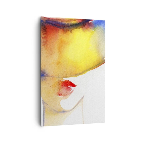 Impression sur toile - Image sur toile - Une aquarelle minimaliste du profil d'une femme avec un chapeau coloré. - 80x120cm - Portrait d'une dame - Décoration murale moderne pour le salon et la chambre ARTTOR