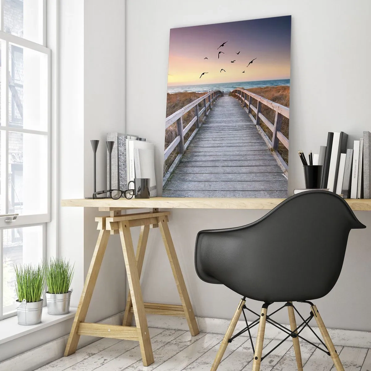 Impression sur verre - Image sur verre - Jetée en bois menant à la plage au coucher du soleil - 80x120cm - Envol des espaces - Décoration murale moderne pour le salon et la chambre ARTTOR